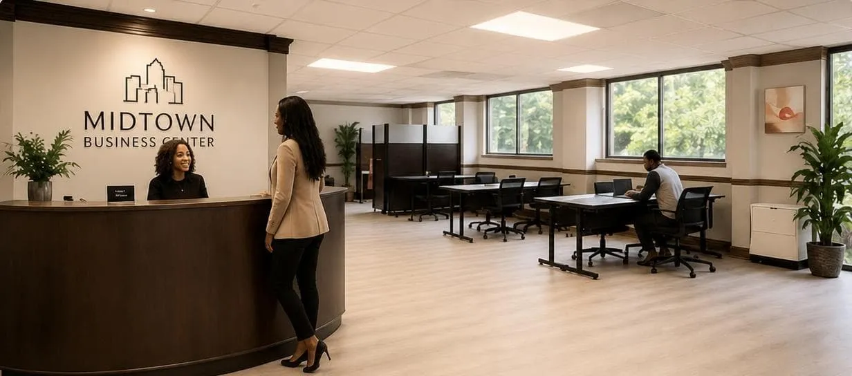 Reception and open workspace inside Midtown Business Center