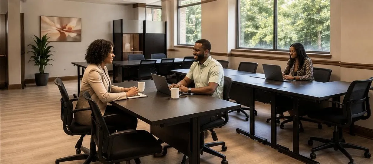 Professionals working together in a flexible Midtown workspace